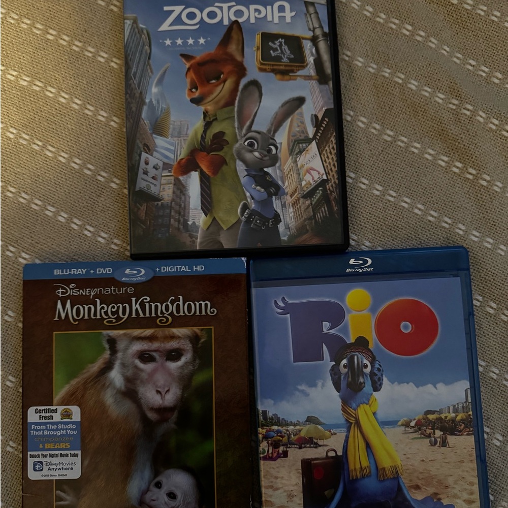 Zootopia dvd & Monkey Kingdom Blu ray and dvd and Rio Blu-ray